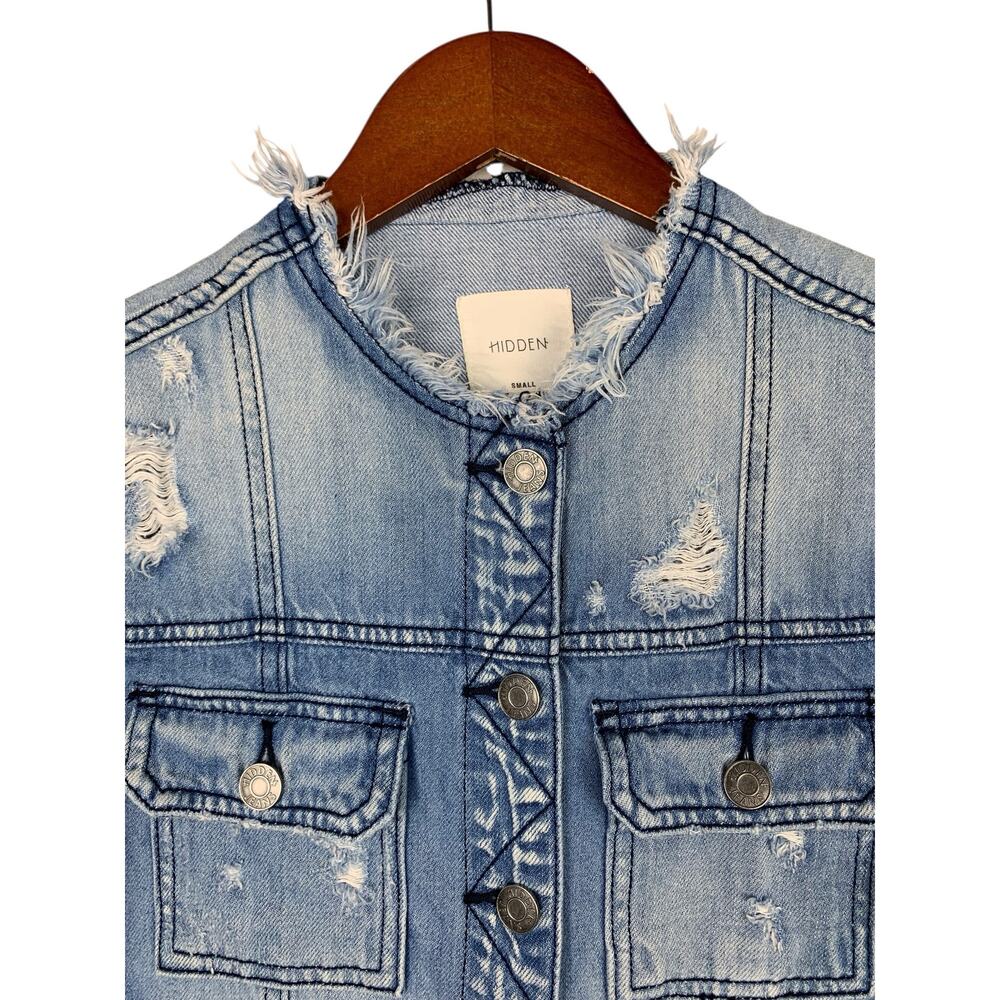 Hidden Jeans Zeppelin Destroyed Distressed Denim Trucker Jacket Blue Women's S - Picture 2 of 8